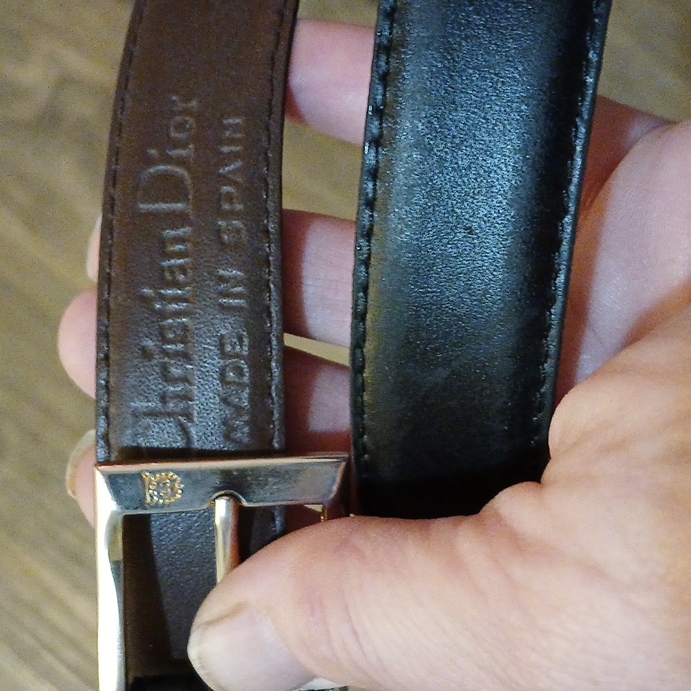 Vintage Christian Dior Brown and Black Split Leather Belt Gold Signature Buckle.